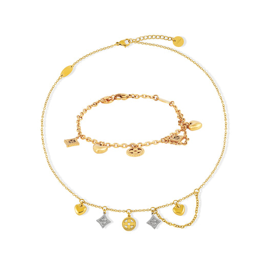18K Gold Plated Necklace Bracelet Set Heart Four Leaf Clover Diamond-shaped Tags Pendants