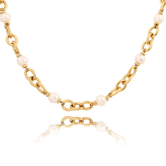 18K Gold Plated Polished Freshwater Cultured Pearl Fancy Link Necklace