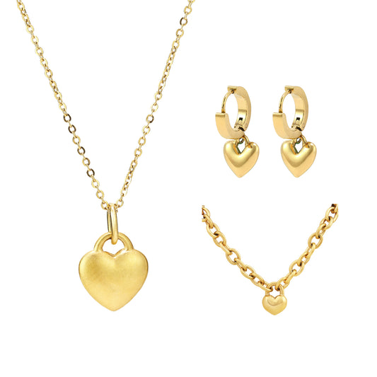 18K Gold Plated Solid Heart Pendant Necklace Bracelet Earring Set