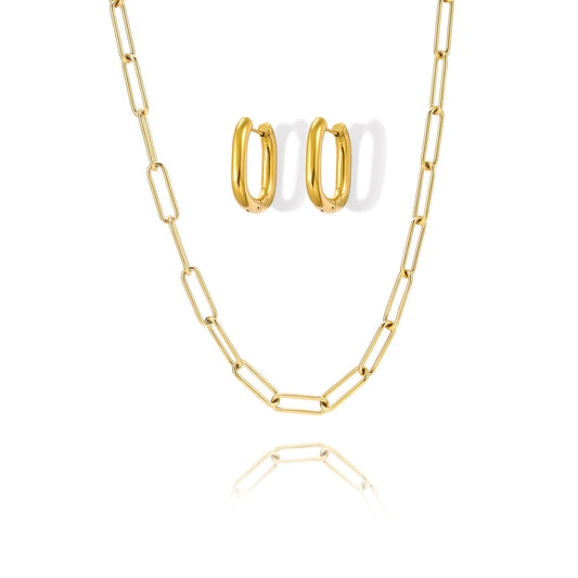 18K Gold Plated Paperclip Link Chunky Chain Earring Set Matinee Necklace Jewelry set