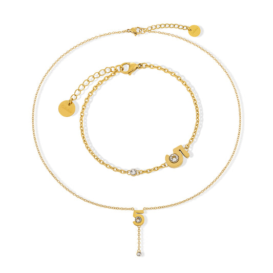 18K Gold Number Necklace Bracelet Set No. 5 Cubic Zirconia Choker Jewelry Sets