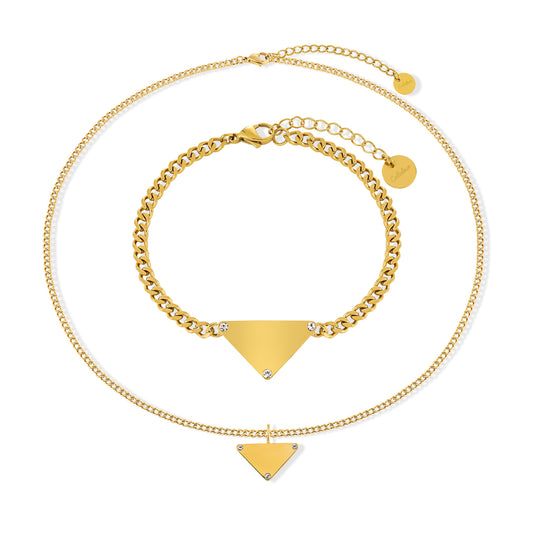 18K Gold Triangle Pendant Necklace Bracelet Set
