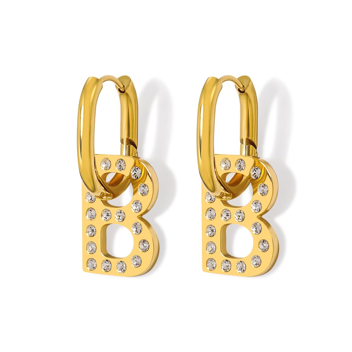 18K Gold Plated  Diamond Letter B Initial Hoop Earrings