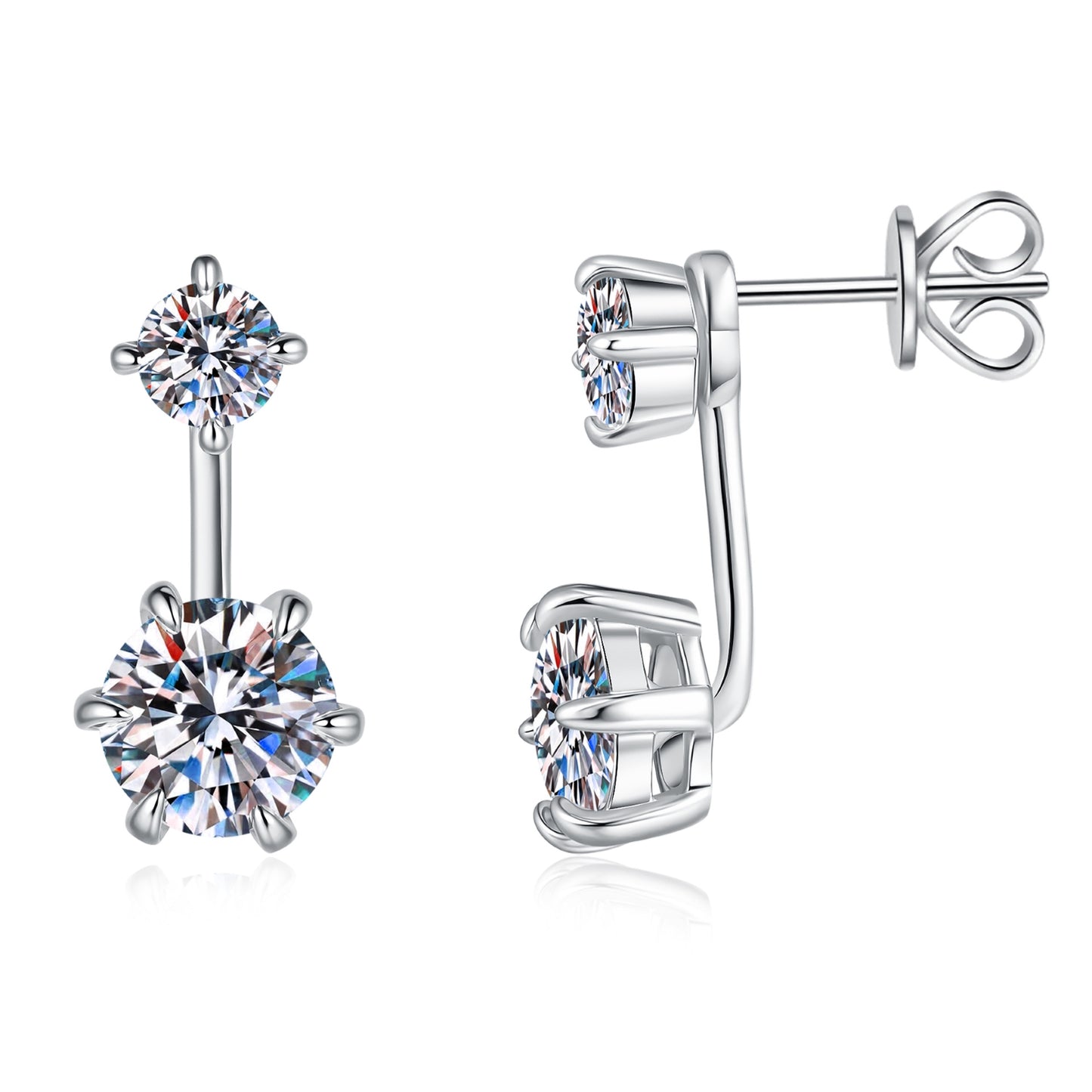 Moissanite Stud Earrings for Women Men, 2-Stone Graduated 1ct & 0.3ct Bar Setting Design