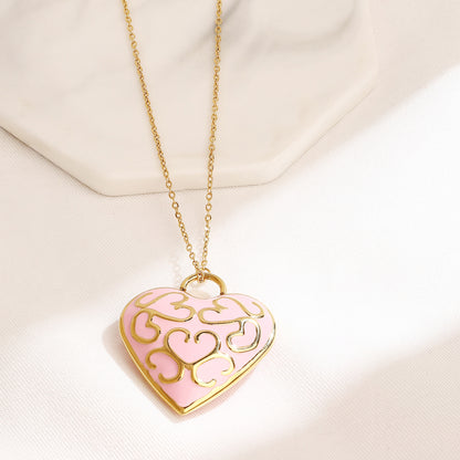 18K Gold Plated Heart Enamel  Hollow Pink Pendant Necklaces