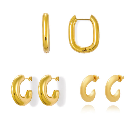 3PCS 18K Gold Plated Glossy Chunky Hoop Earrings Open Hoops Jumbo Earrings Set