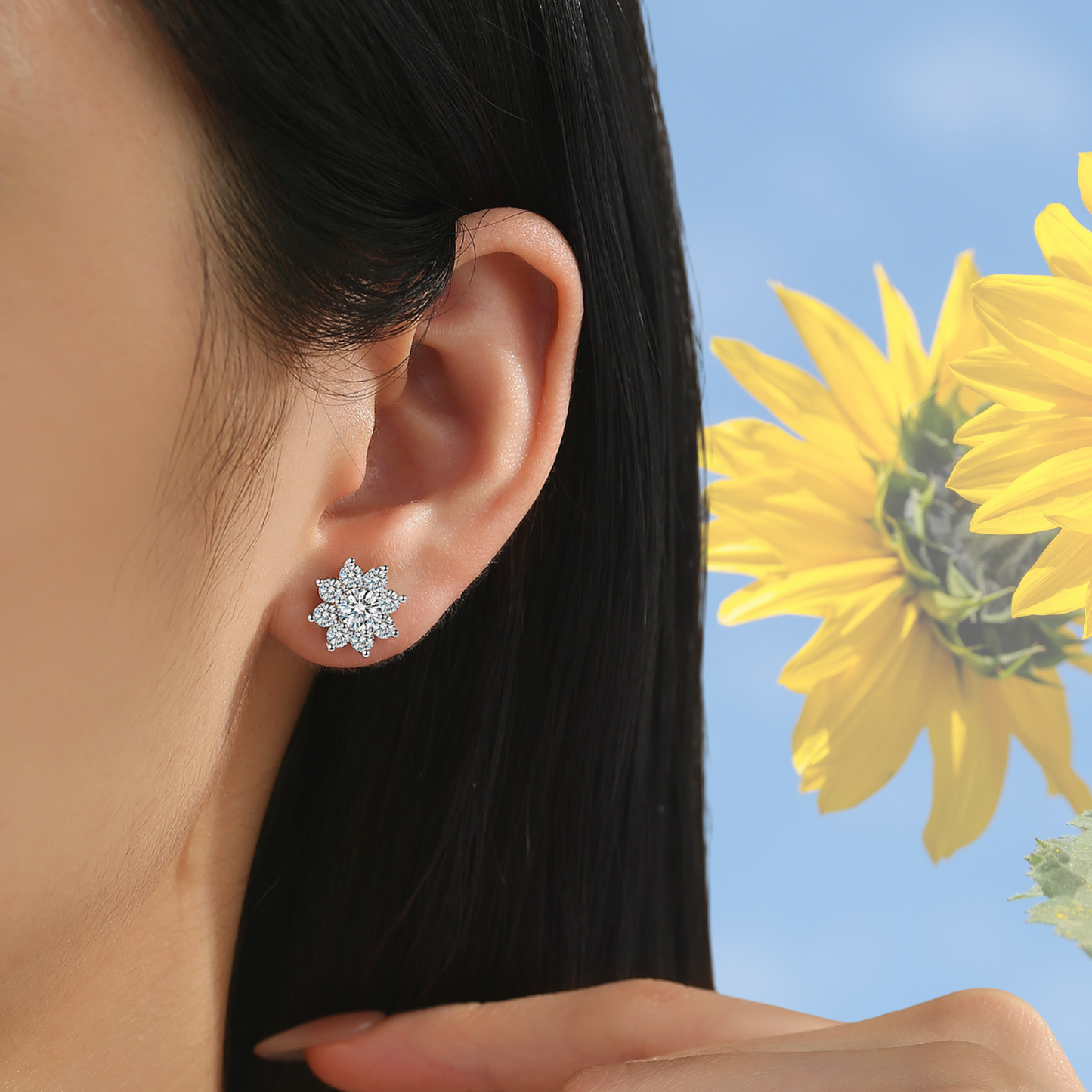 0.5 Carat Sparkling Sunflower Stud Earring - Moissanite Earrings for Women & Men