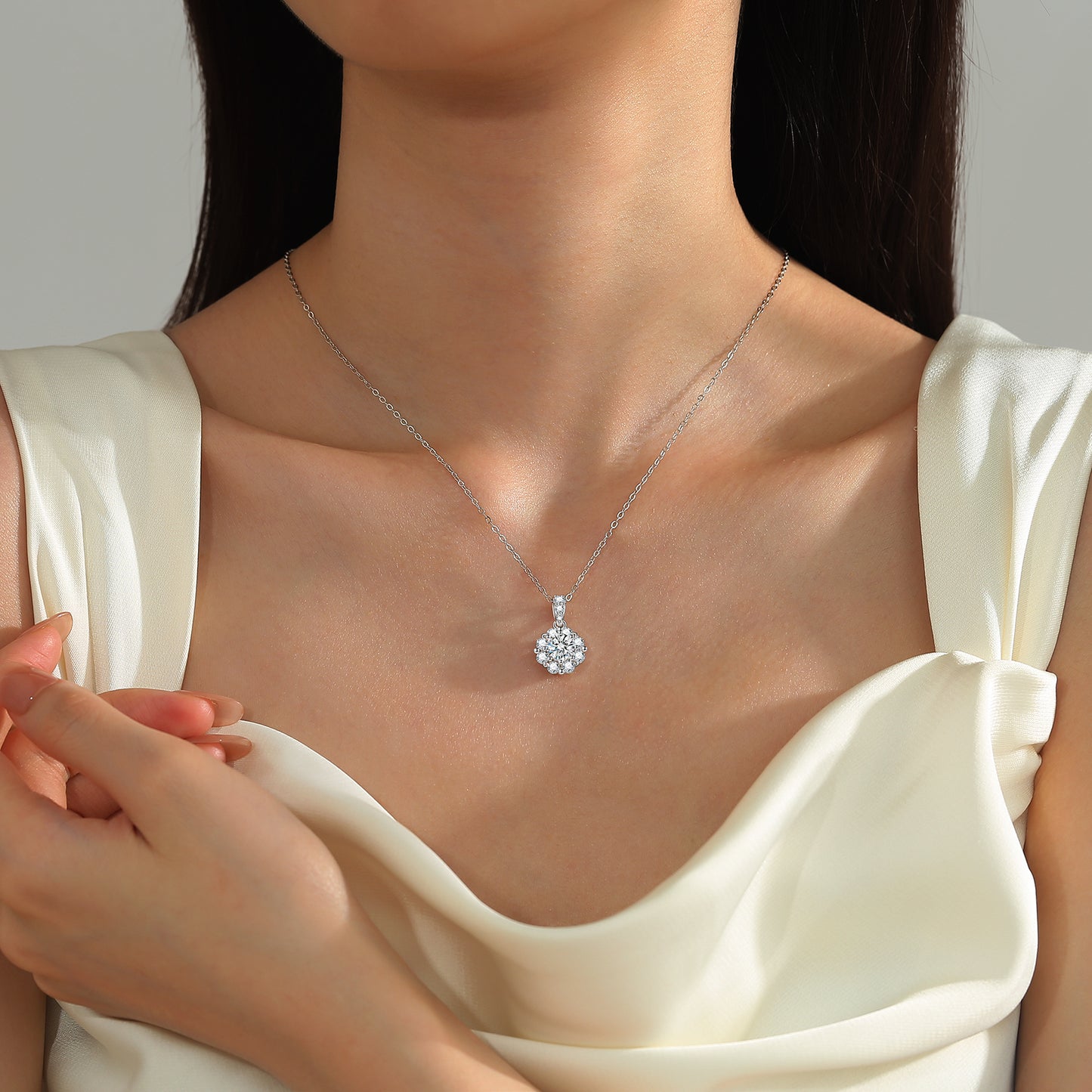 1 Carat Round Center Stone with Halo Dainty Moissanite Necklace for Women