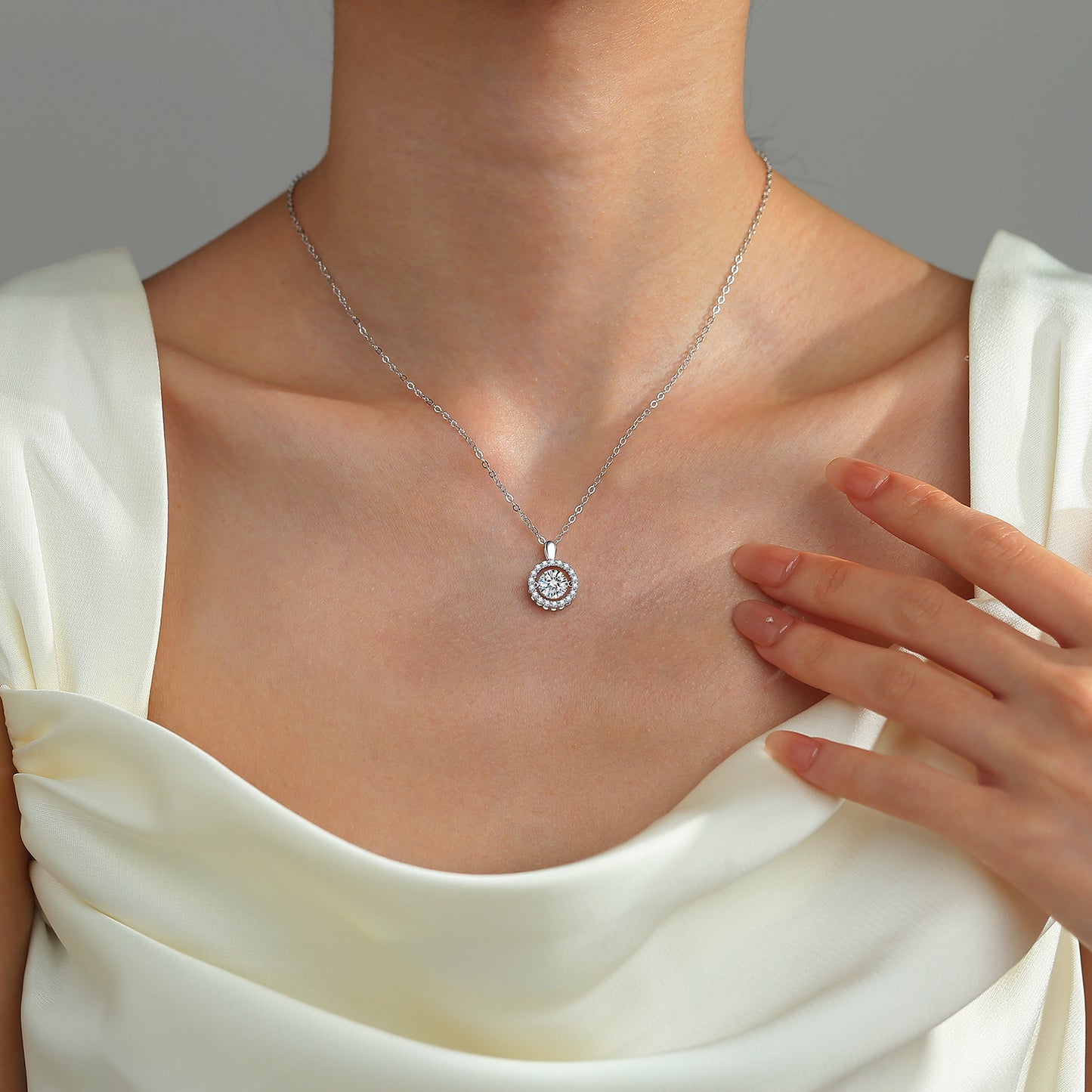 Floating Moissanite Pendant Necklace for Women, 1 Carat Solitaire with Halo Design