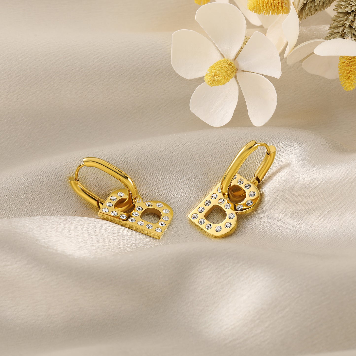 18K Gold Plated  Diamond Letter B Initial Hoop Earrings