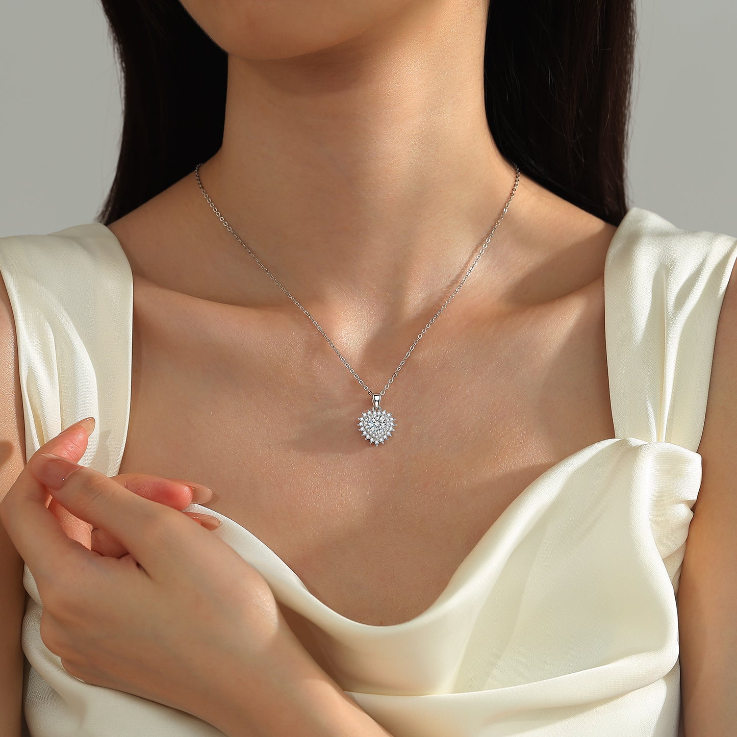 2 Carat Moissanite Necklace for Women, Heart Cut Pendant with Halo Setting