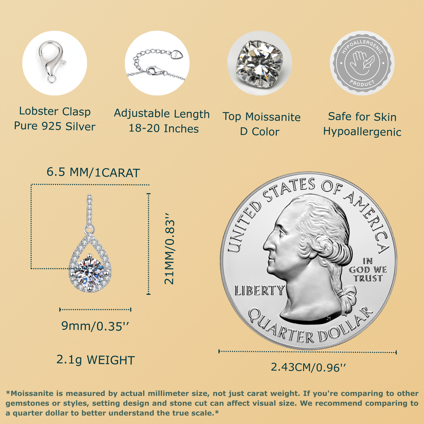 Waterdrop Moissanite Pendant Necklace for Women, 1 Carat Solitaire