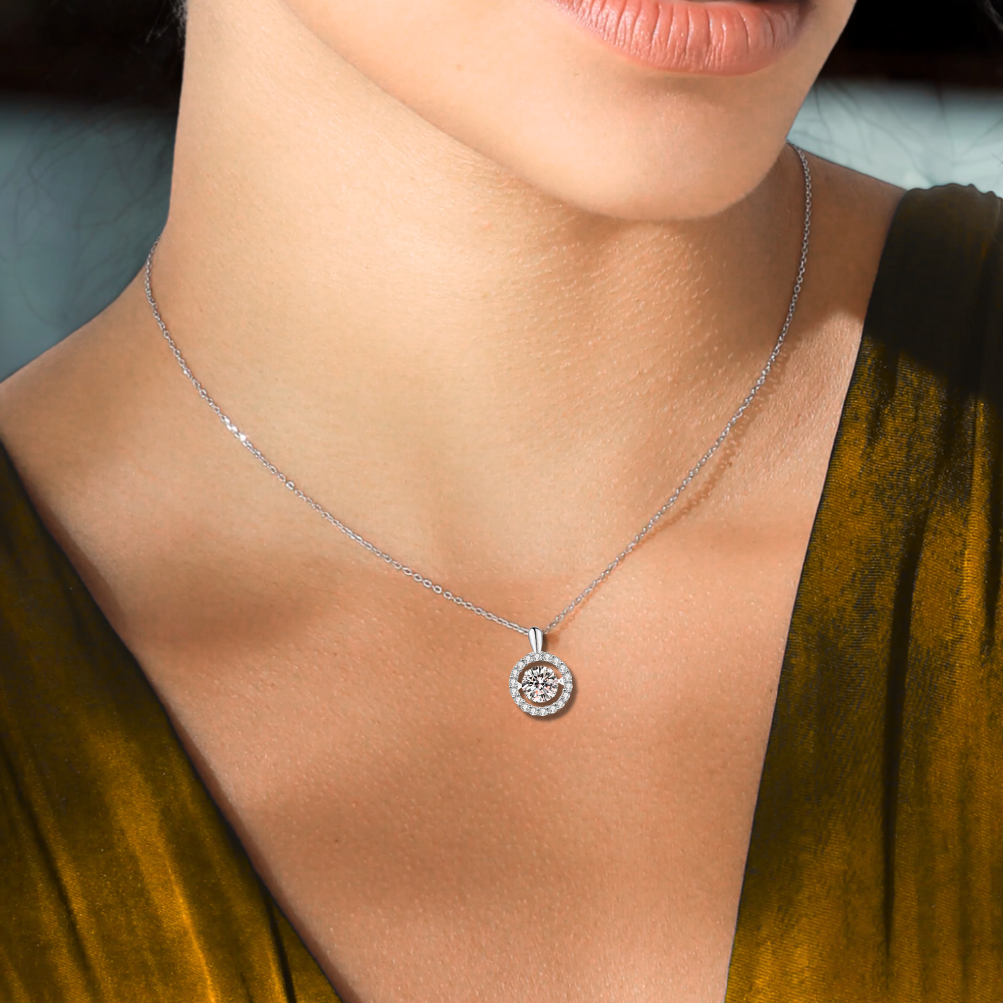 Floating Moissanite Pendant Necklace for Women, 1 Carat Solitaire with Halo Design