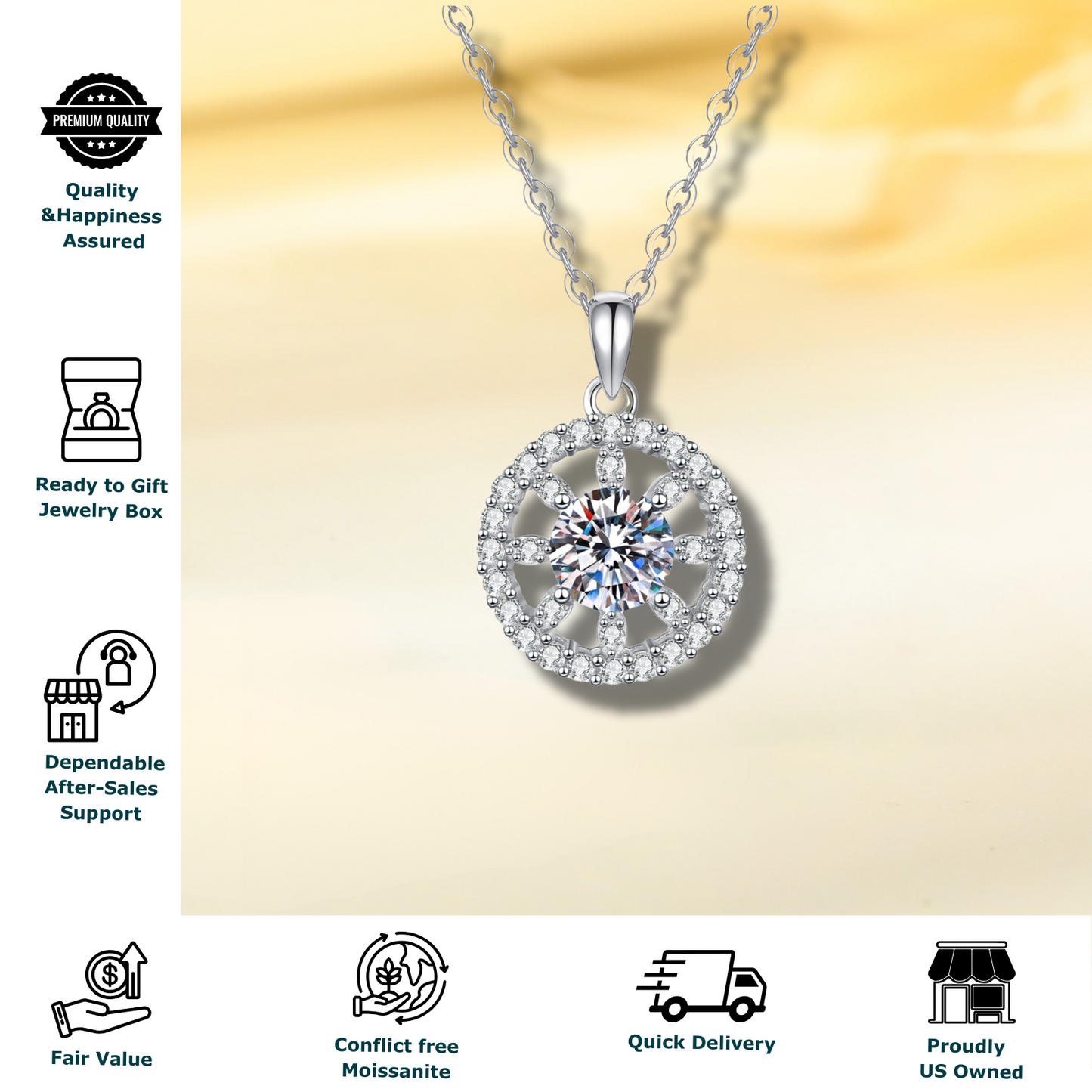 1 Carat Lucky Sun Glowing Moissanite Pendant Necklace