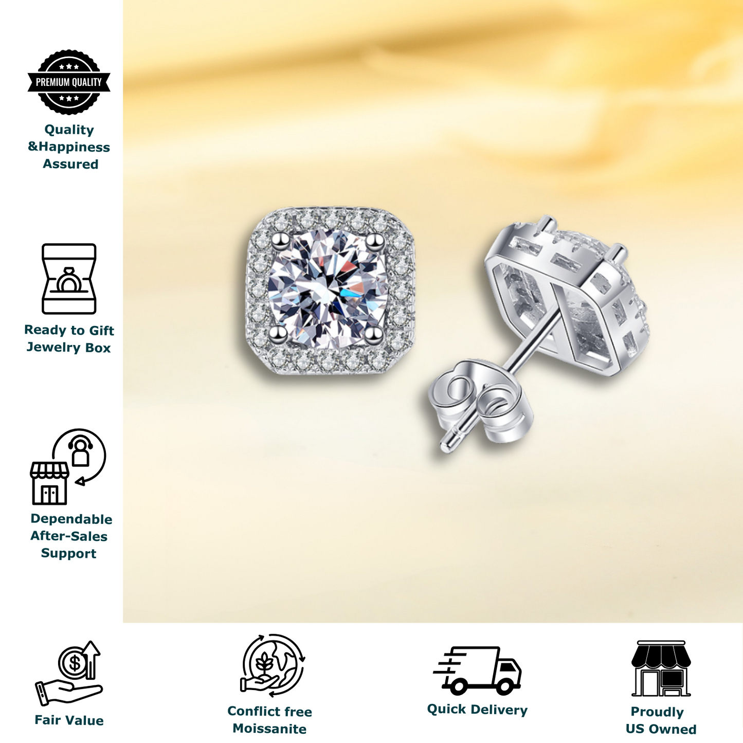 1 Carat Each Halo Moissanite Stud Earrings for Women and Men