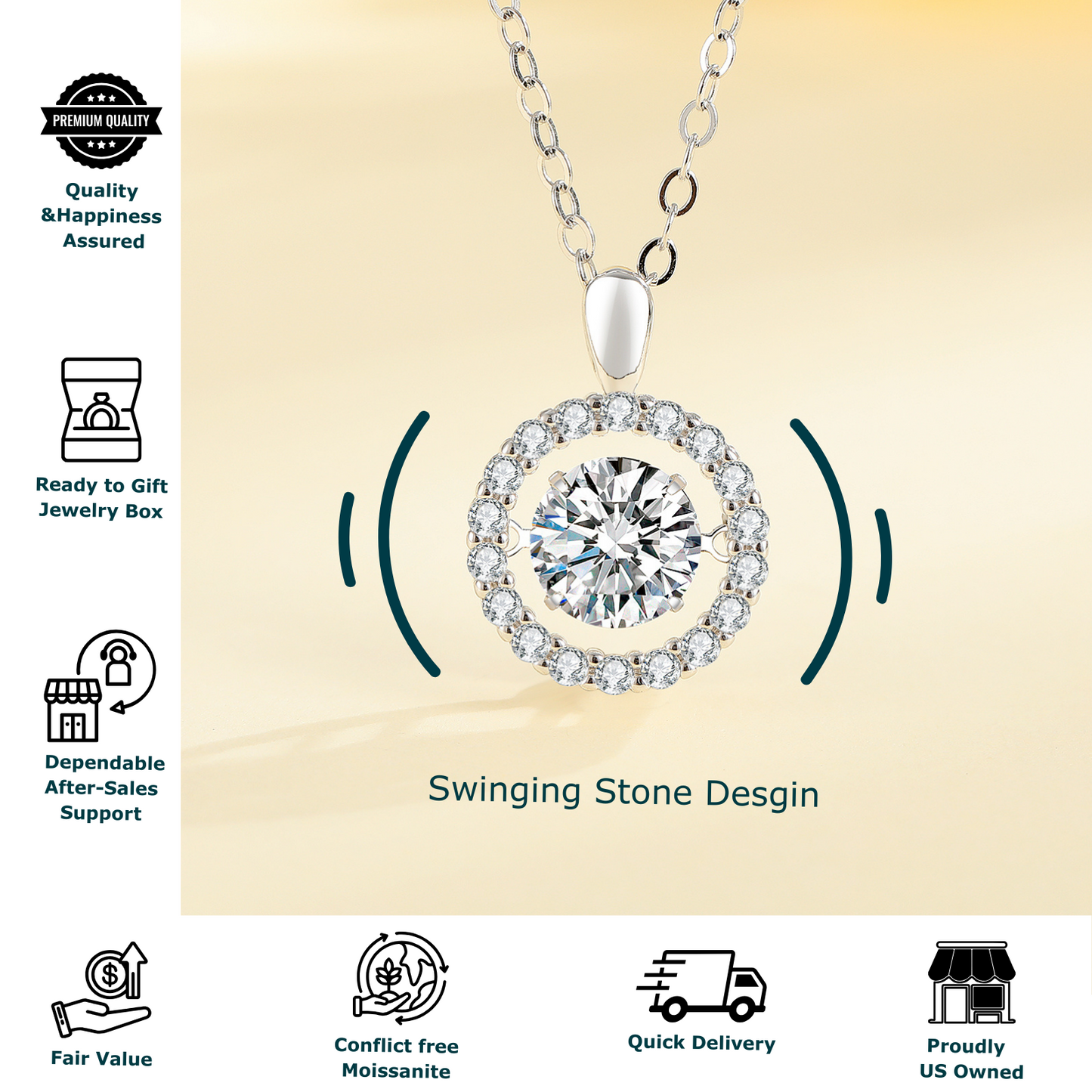 Floating Moissanite Pendant Necklace for Women, 1 Carat Solitaire with Halo Design