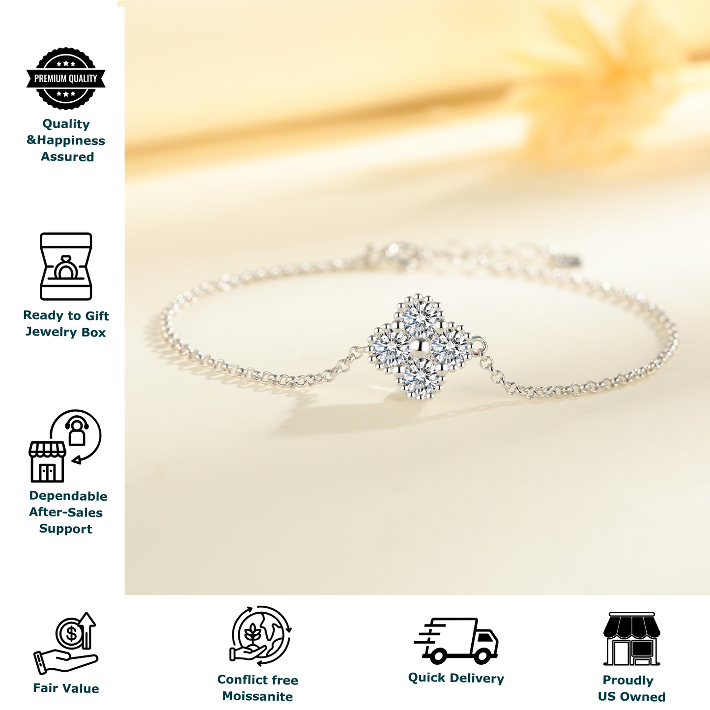 Moissanite Bracelet for Women Adjustable Sterling Silver Chain 6.5-8''