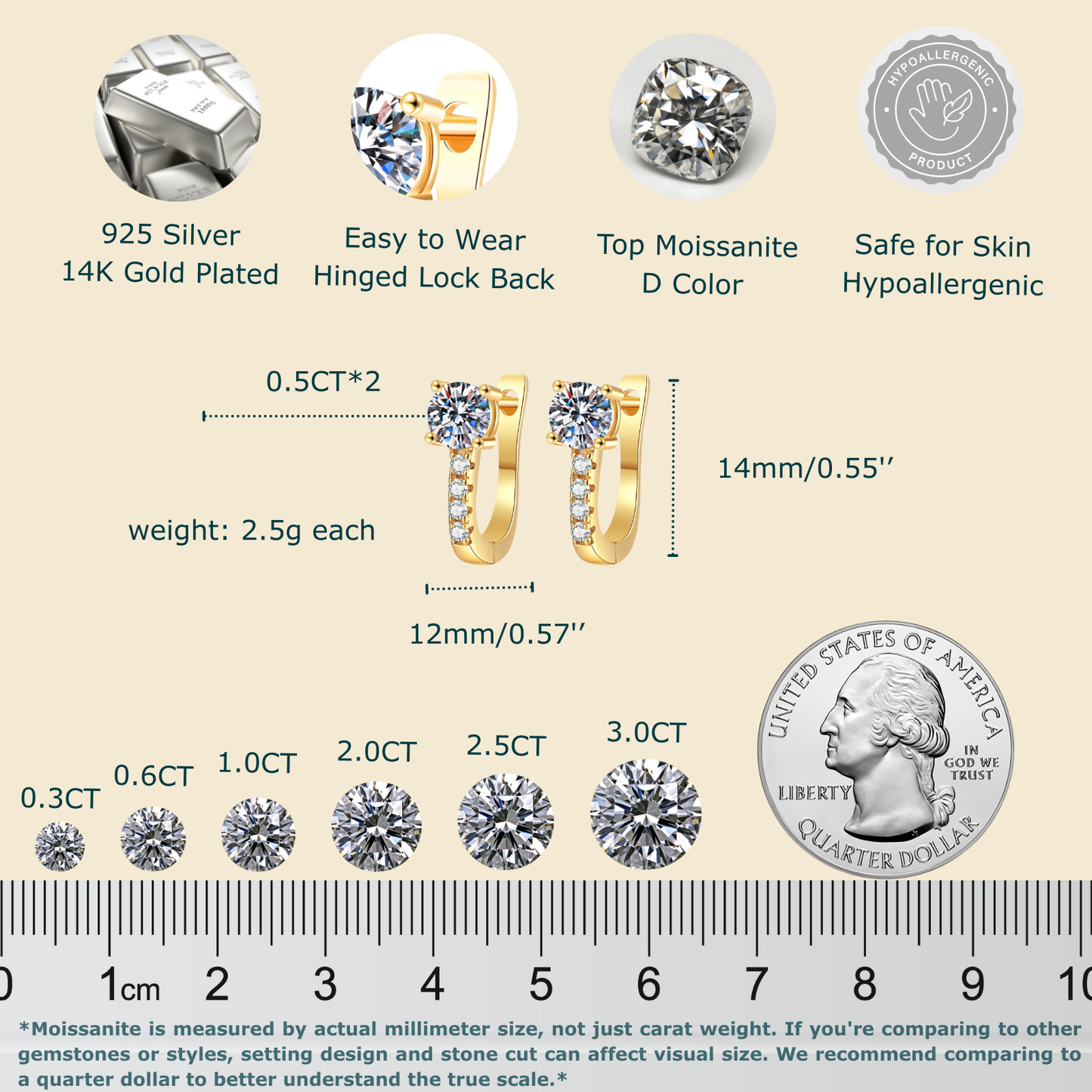 Moissanite Hoop Silver Gold Earring for Women - 0.5 Carat Round Cut Hoop Earrings
