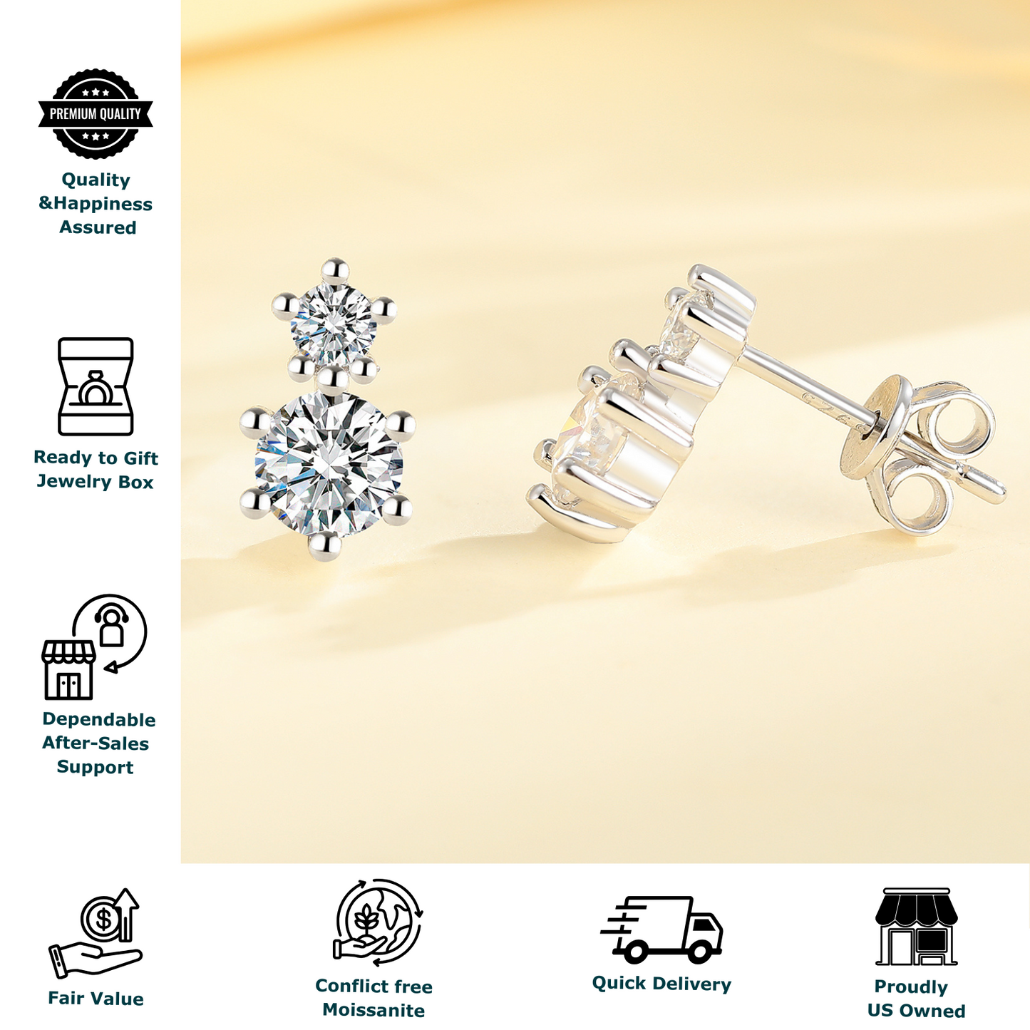 Moissanite Stud Earrings for Women 2-Stone Graduated 0.6ct & 0.3ct Prong Design