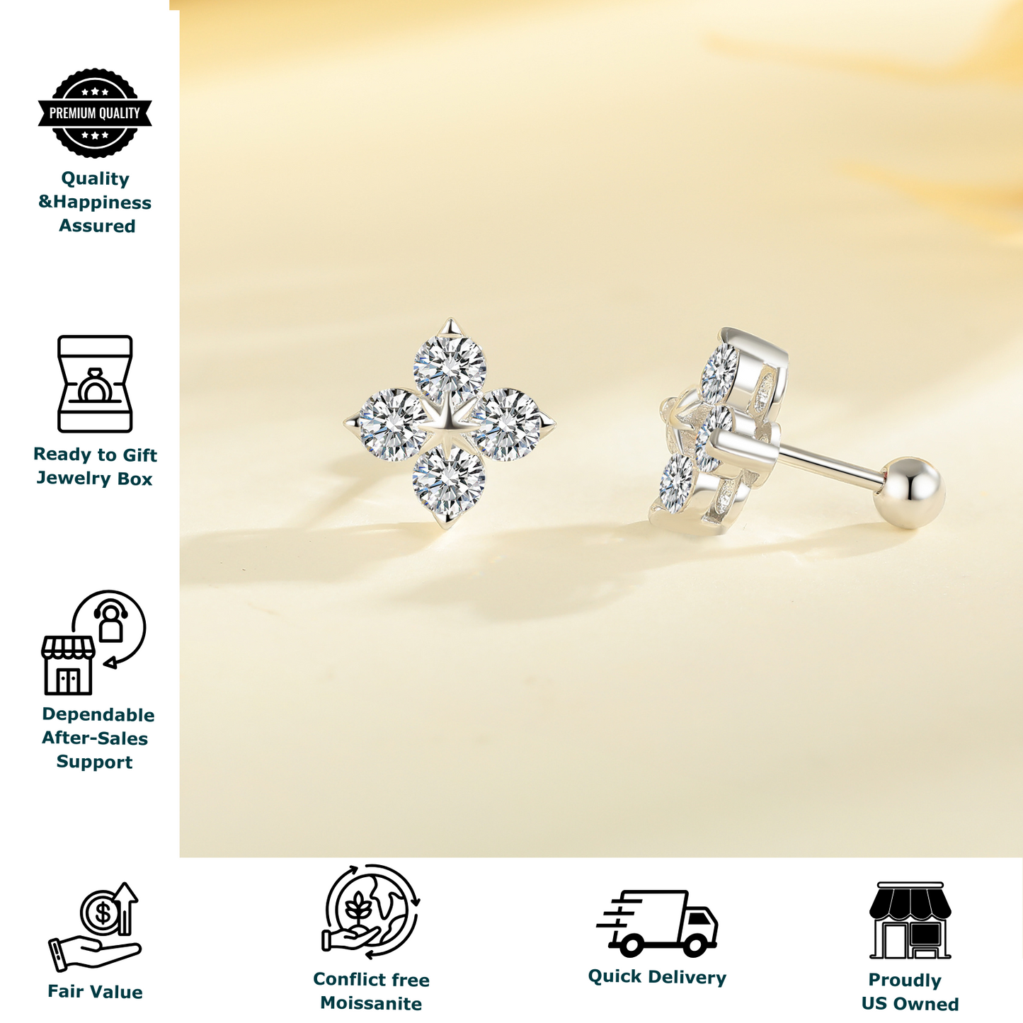 Clover Moissanite Stud Earrings for Women Men