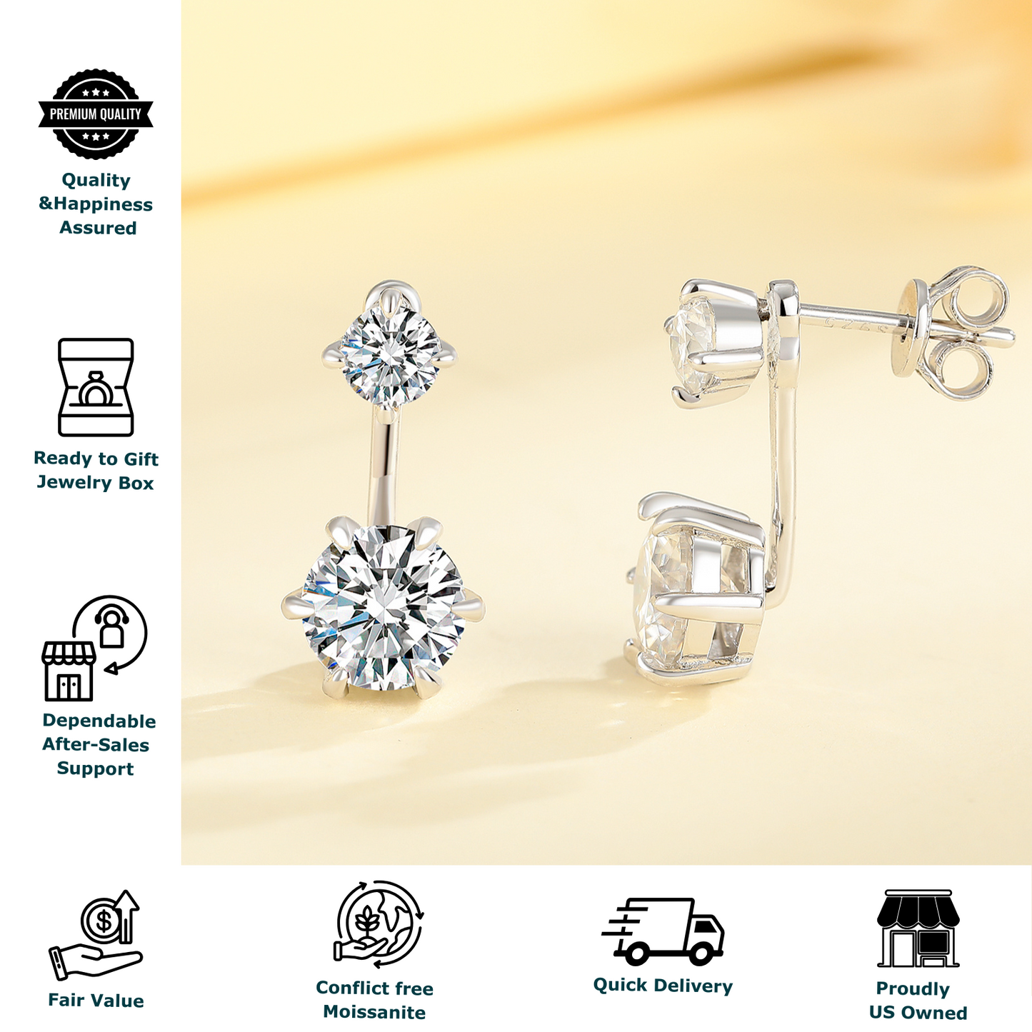 Moissanite Stud Earrings for Women Men, 2-Stone Graduated 1ct & 0.3ct Bar Setting Design
