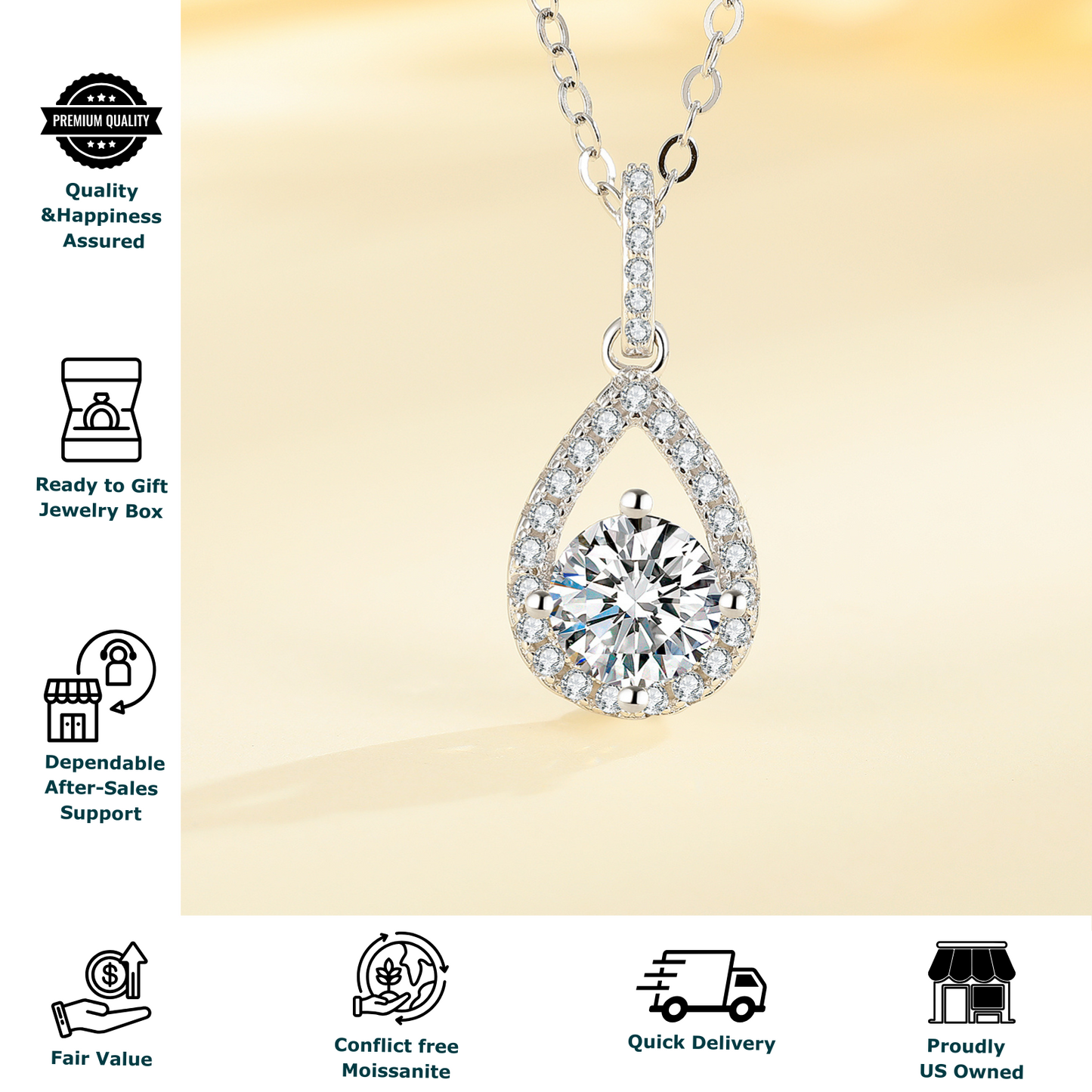 Waterdrop Moissanite Pendant Necklace for Women, 1 Carat Solitaire