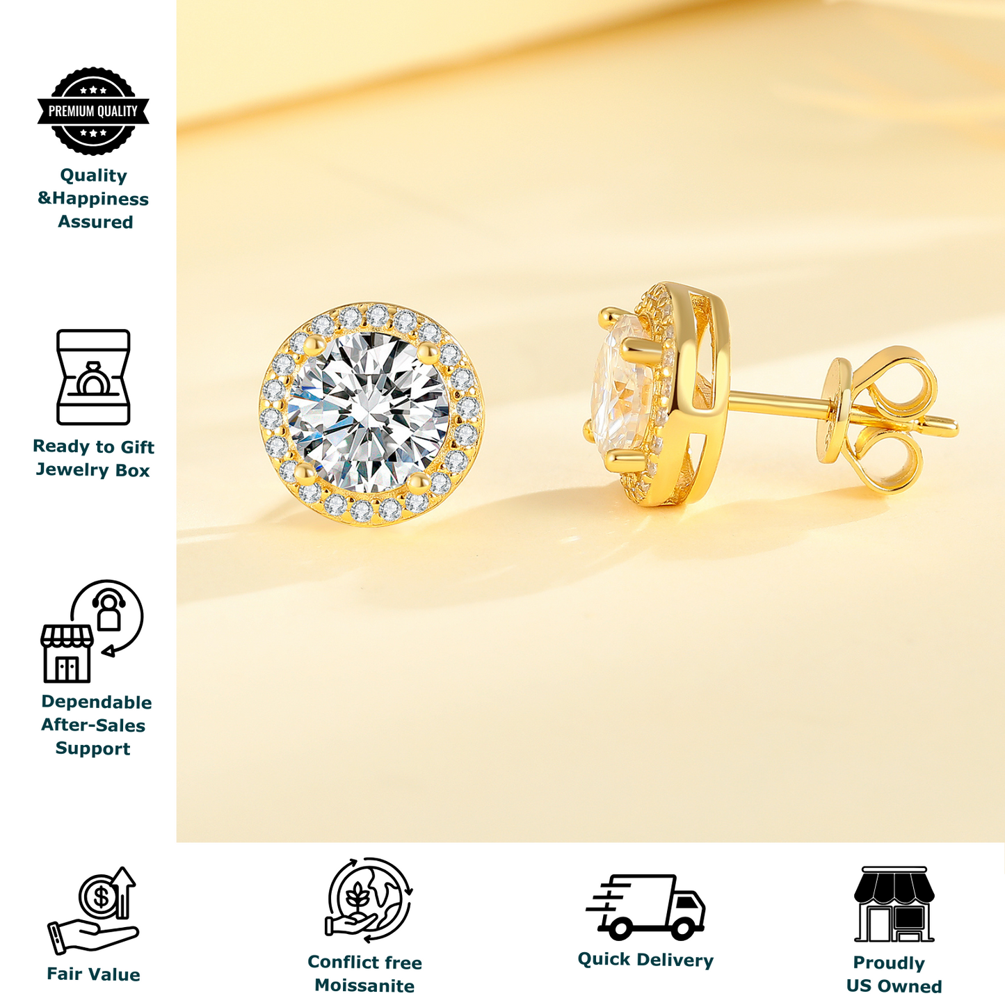 Callalove Gold Moissanite Stud Earrings for Women Men, 1ct*2 Halo Solitaire