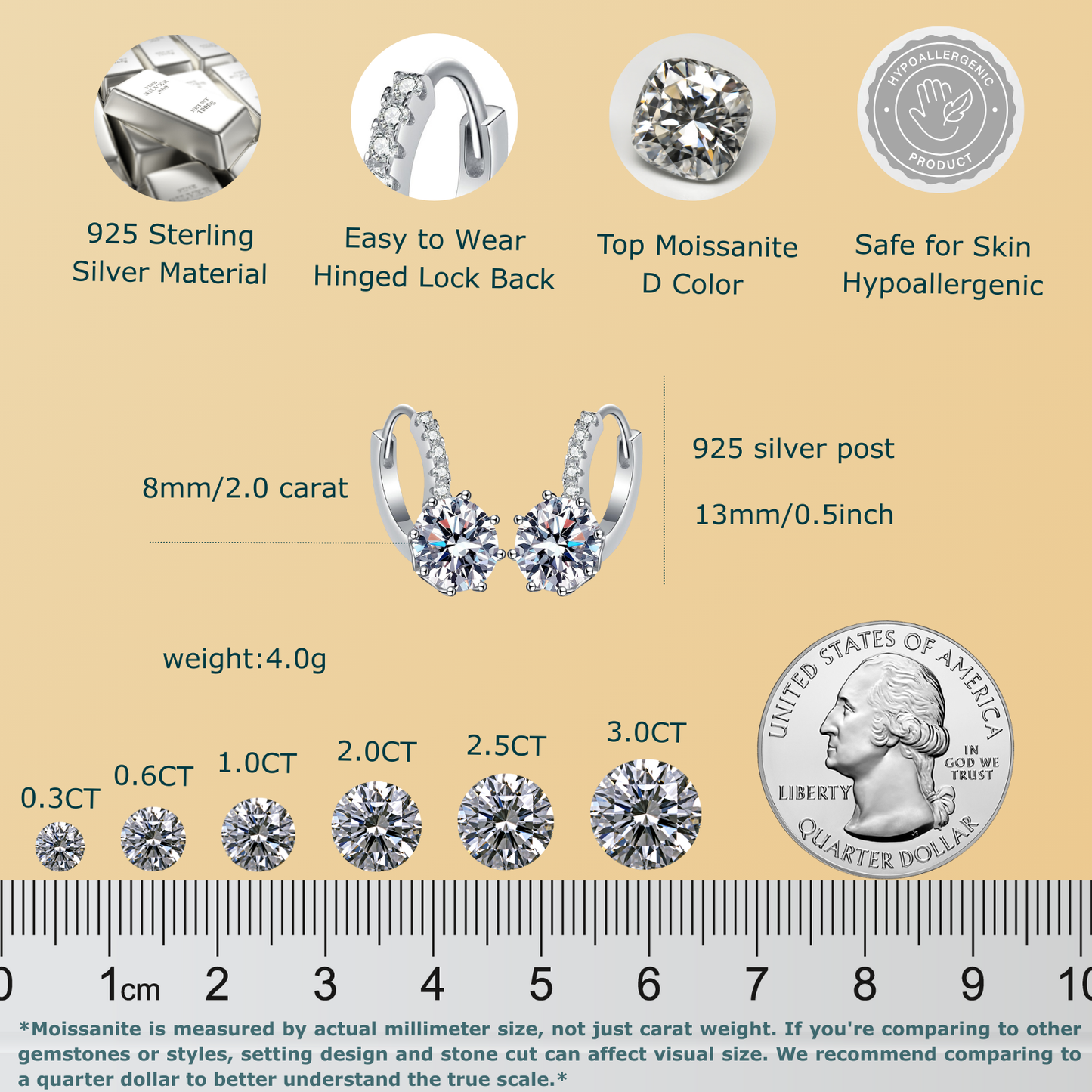 4.0 Carat (2*2) D color Moissanite Hoop Earrings for Women 925 Sterling Silver Earrings