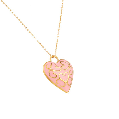 18K Gold Plated Heart Enamel  Hollow Pink Pendant Necklaces