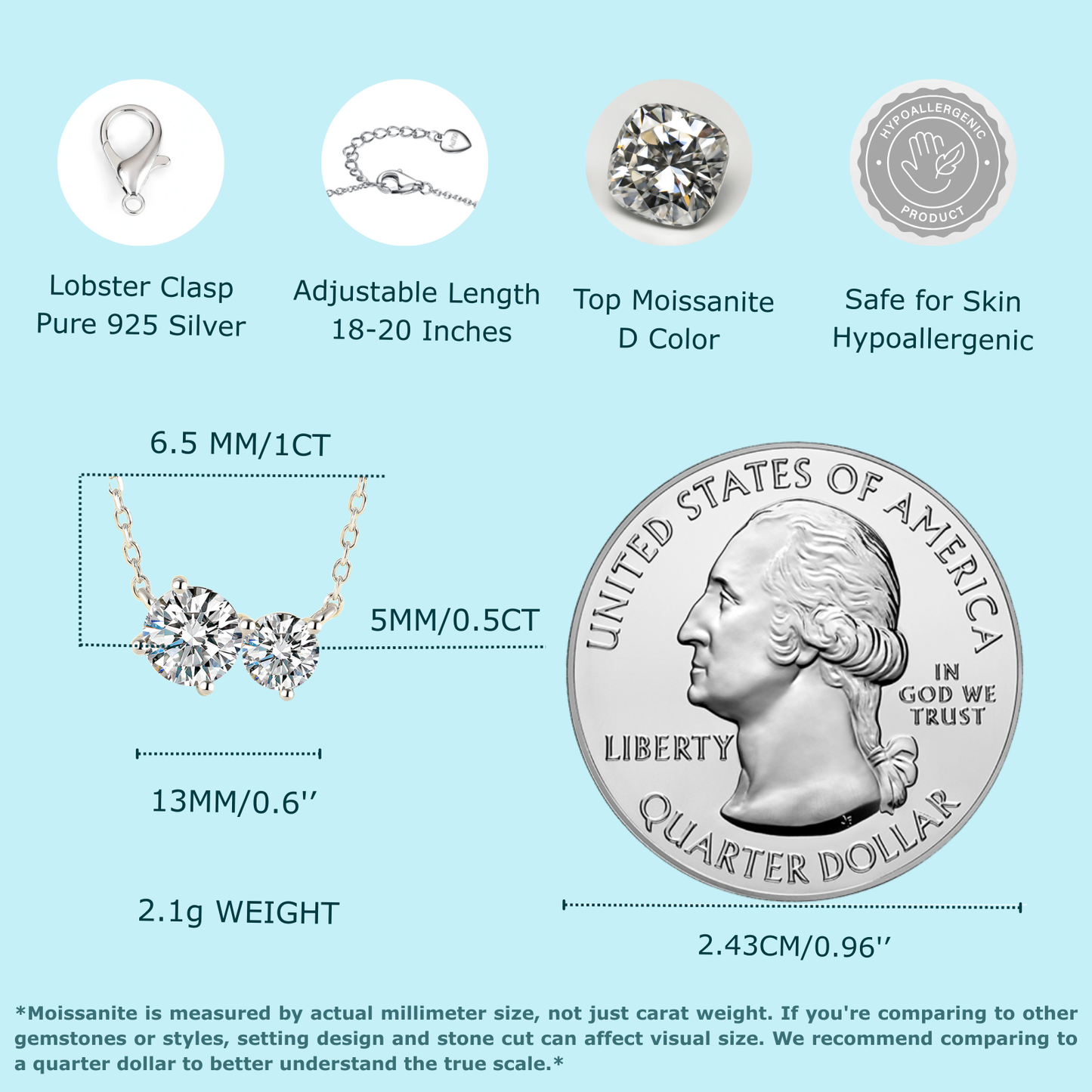 callalove 2-Stone Moissanite Pendant Necklace for Women