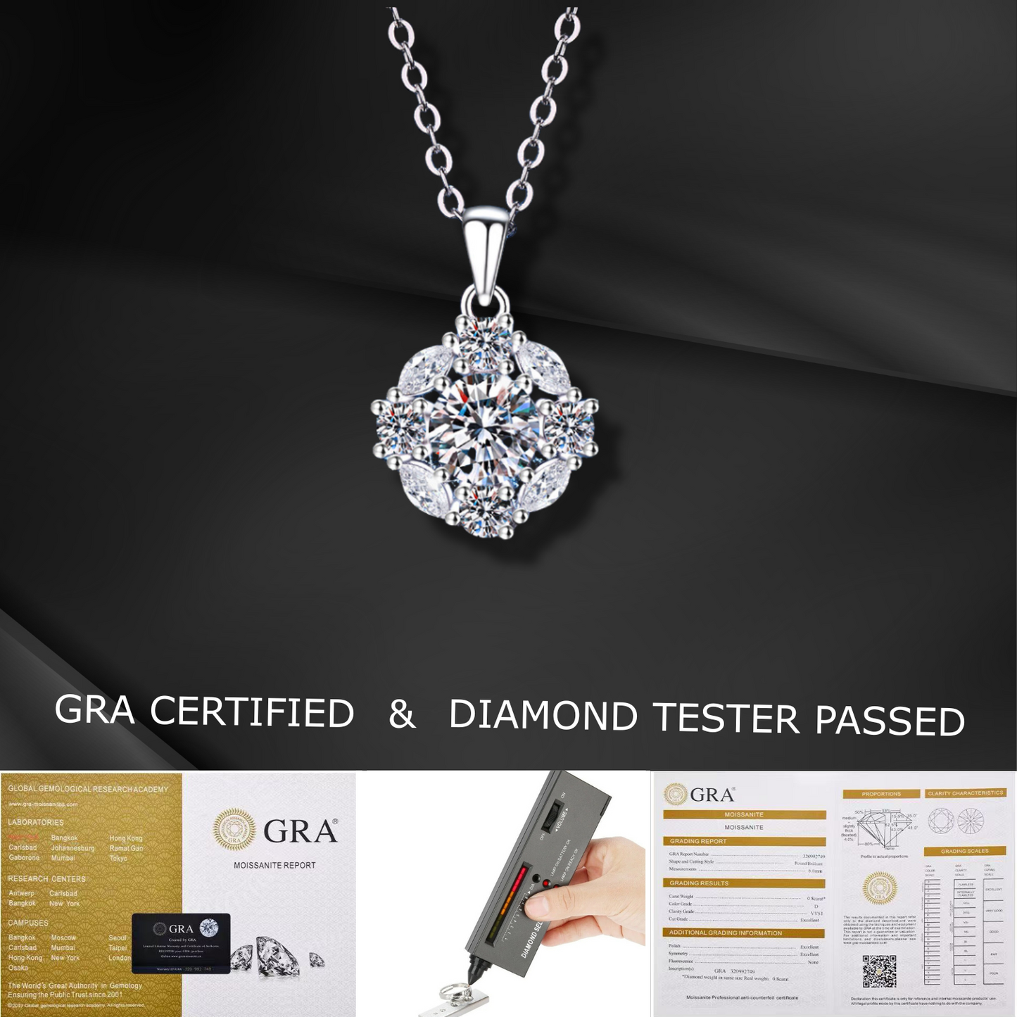 1CT Moissanite Pendant Necklaces for Women, 925 Silver Necklace Jewelry for Women