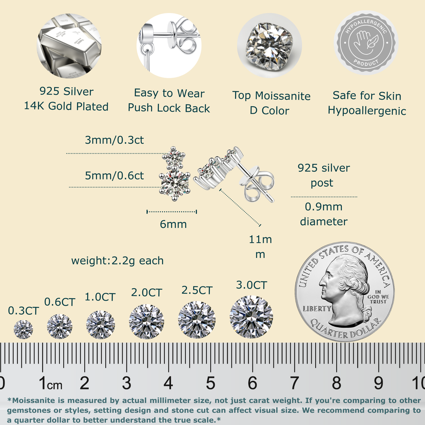 Moissanite Stud Earrings for Women 2-Stone Graduated 0.6ct & 0.3ct Prong Design