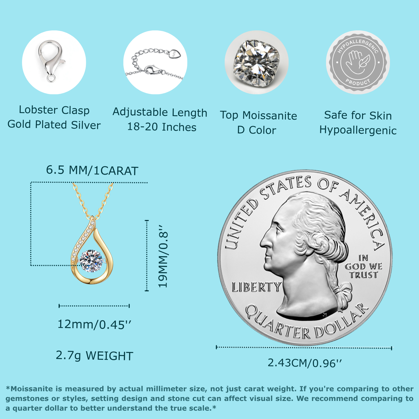 Moissanite Pendant Gold Necklace for Women, 1 Carat Moissanite Stone, Waterdrop Pendant, 14K Gold Plated 925 Sterling Silver Chain,