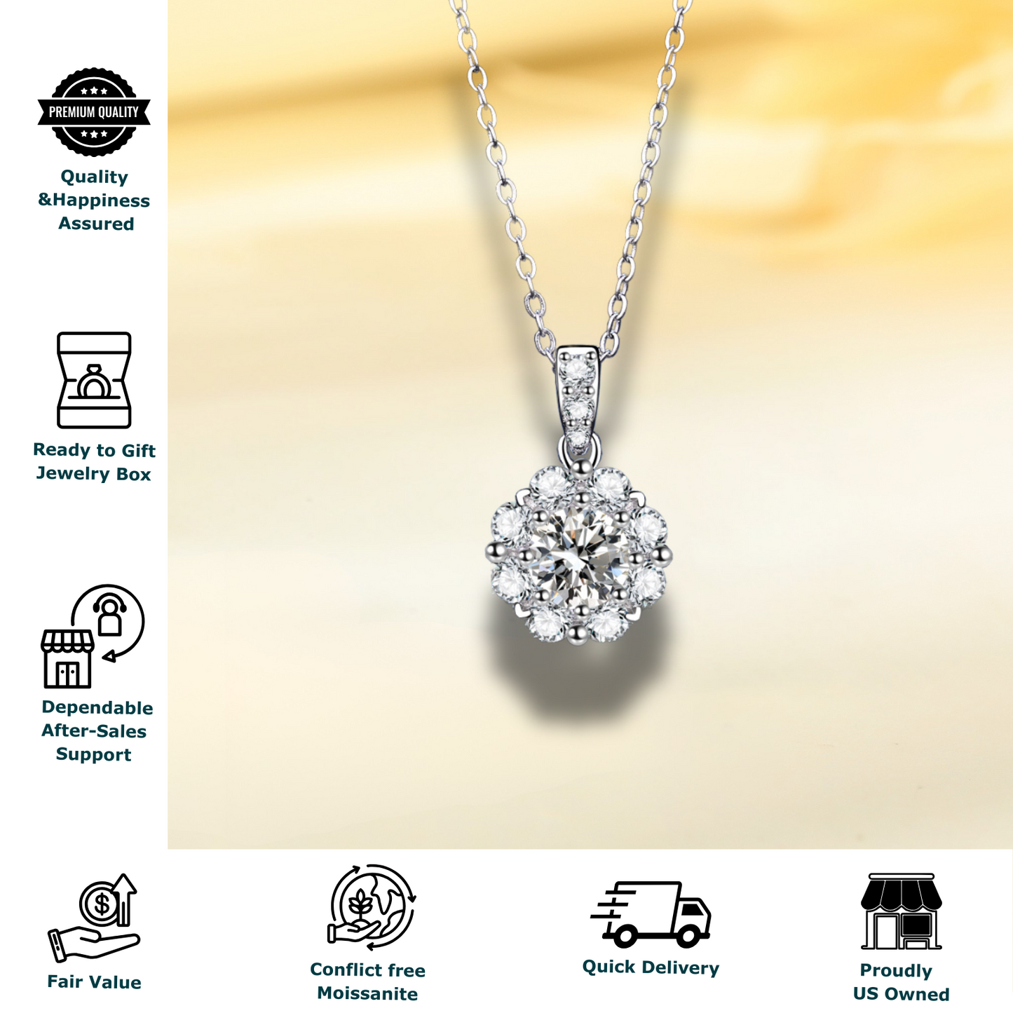 1 Carat Round Center Stone with Halo Dainty Moissanite Necklace for Women