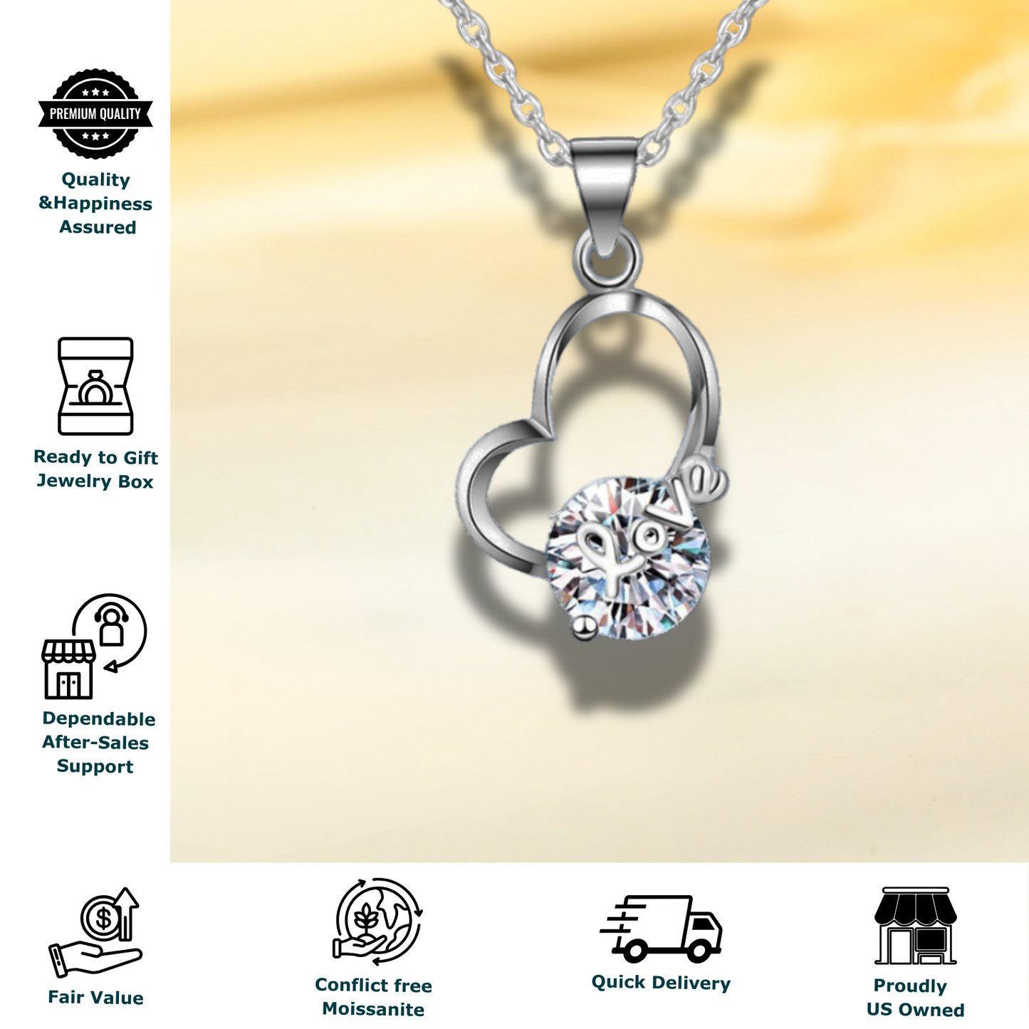 2 Carat Solitaire and LOVE Irregular Heart Shape Moissanite Pendant Necklace for Women