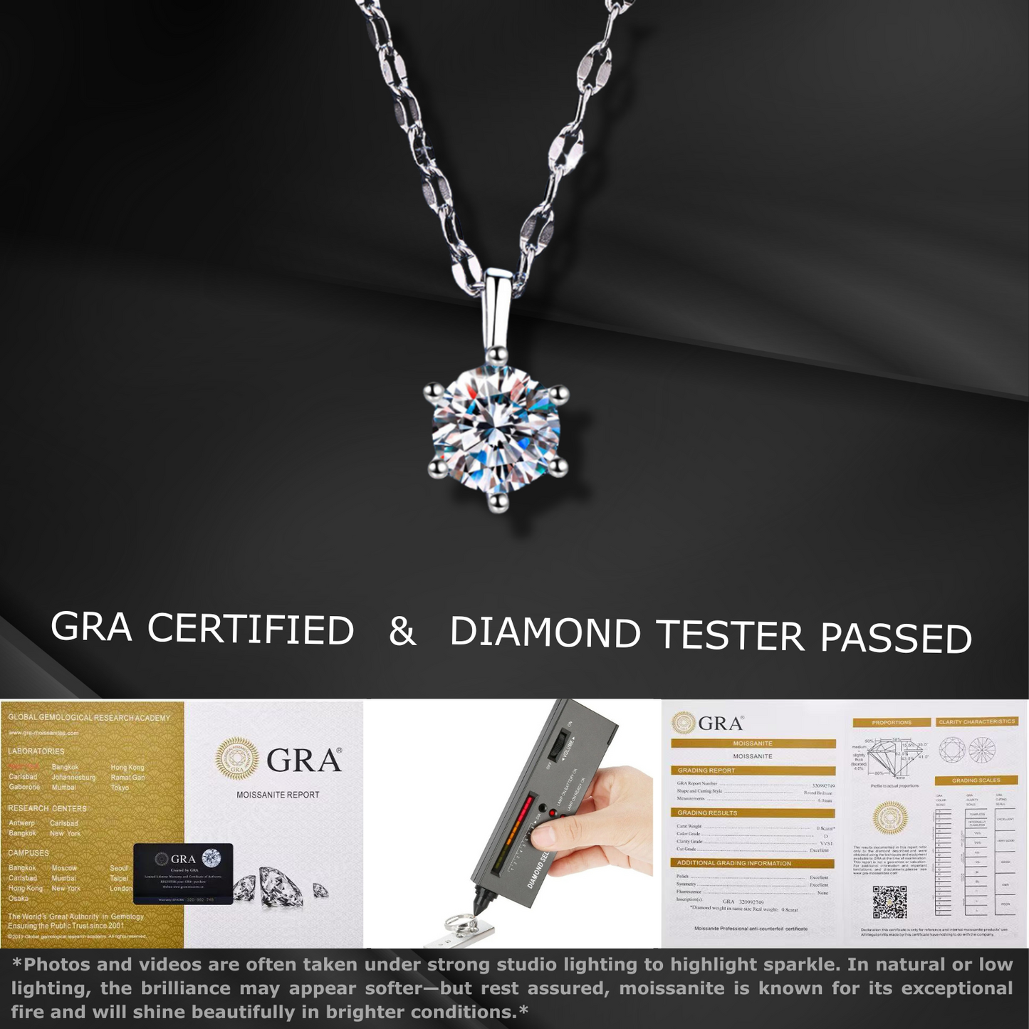 1 Carat Moissanite Pendant for women 925 Sterling Silver Hammered Chain