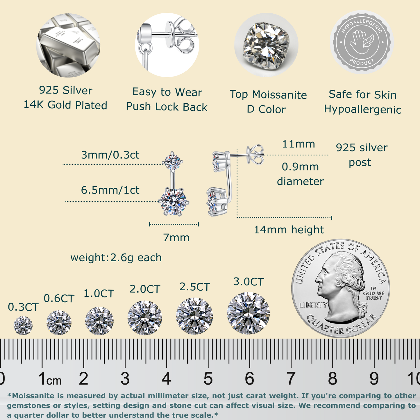 Moissanite Stud Earrings for Women Men, 2-Stone Graduated 1ct & 0.3ct Bar Setting Design