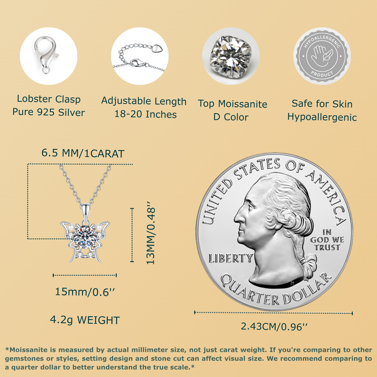 Moissanite Butterfly Pendant Necklace for Women, 1 Carat Moissanite in Center with Pearl Detail