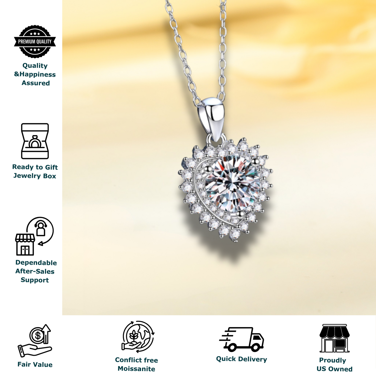 2 Carat Moissanite Necklace for Women, Heart Cut Pendant with Halo Setting