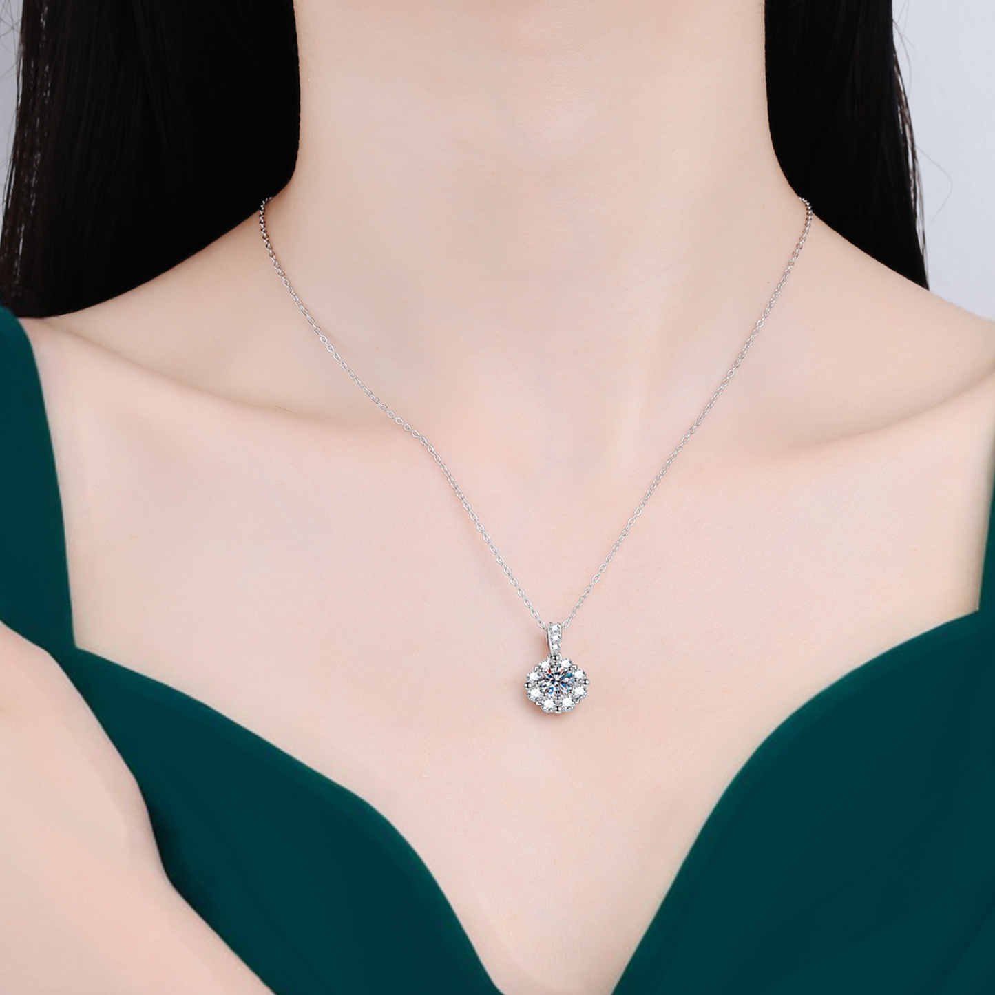1 Carat Round Center Stone with Halo Dainty Moissanite Necklace for Women
