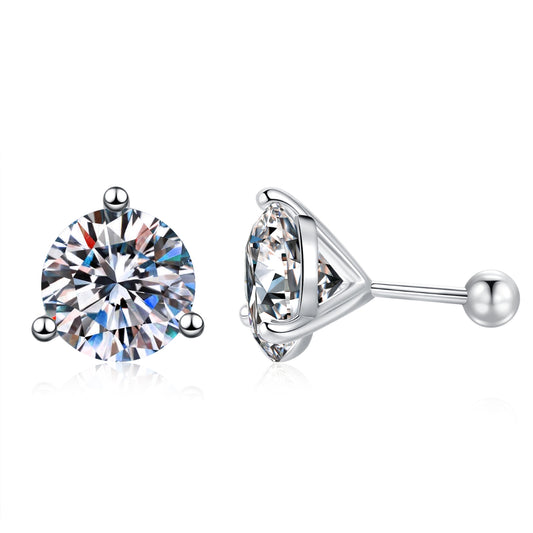 Moissanite Solitaire Stud Earrings for Women Men, 3 Prong 1 Carat Moissanite Stone, Simple Design, 925 Sterling Silver, Easy On & Off Ball Screw Back