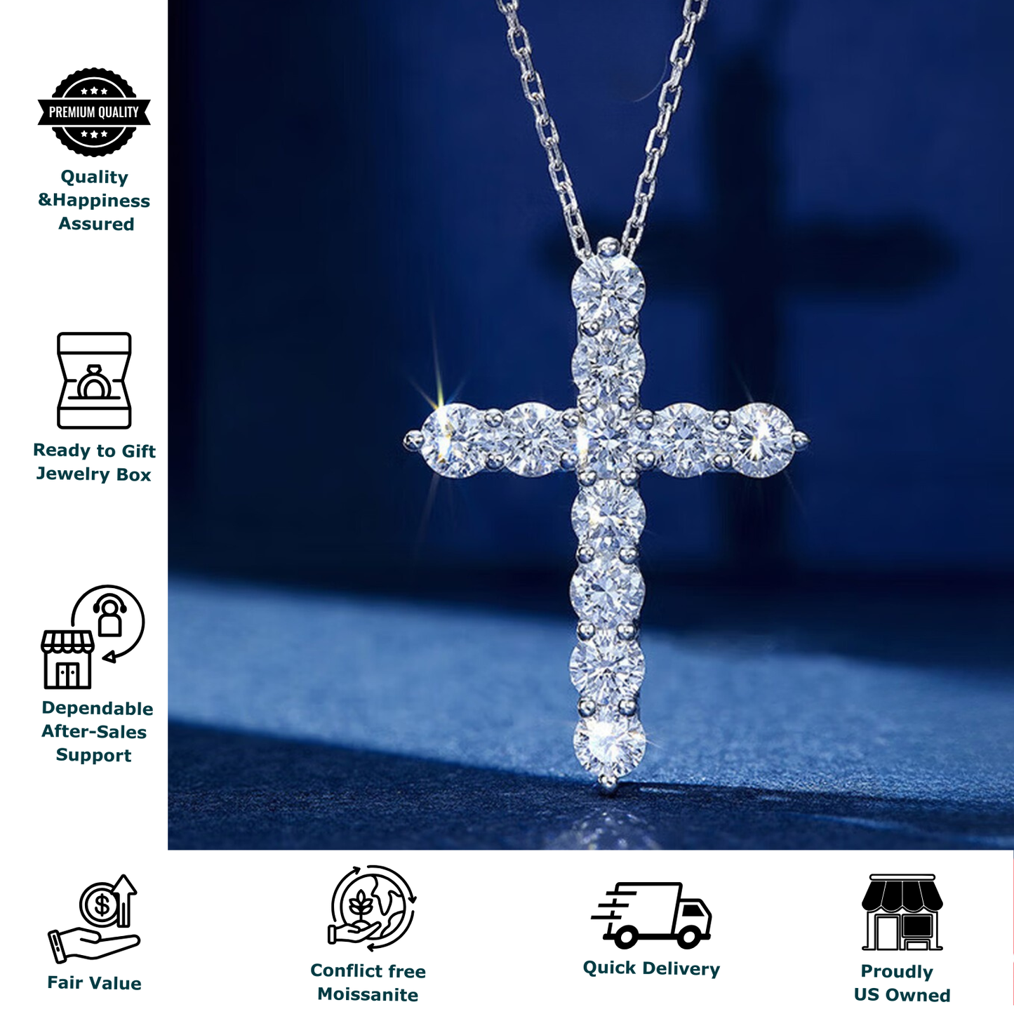 Moissanite Cross Necklace for Women, Dainty Silver Pendant