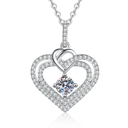 callalove Moissanite Triple Heart Necklace for Women, Three Hearts Pendant with Shining Moissanite, 925 Sterling Silver Chain 18–20 Inches, New Year Love Jewelry Gifts for Her