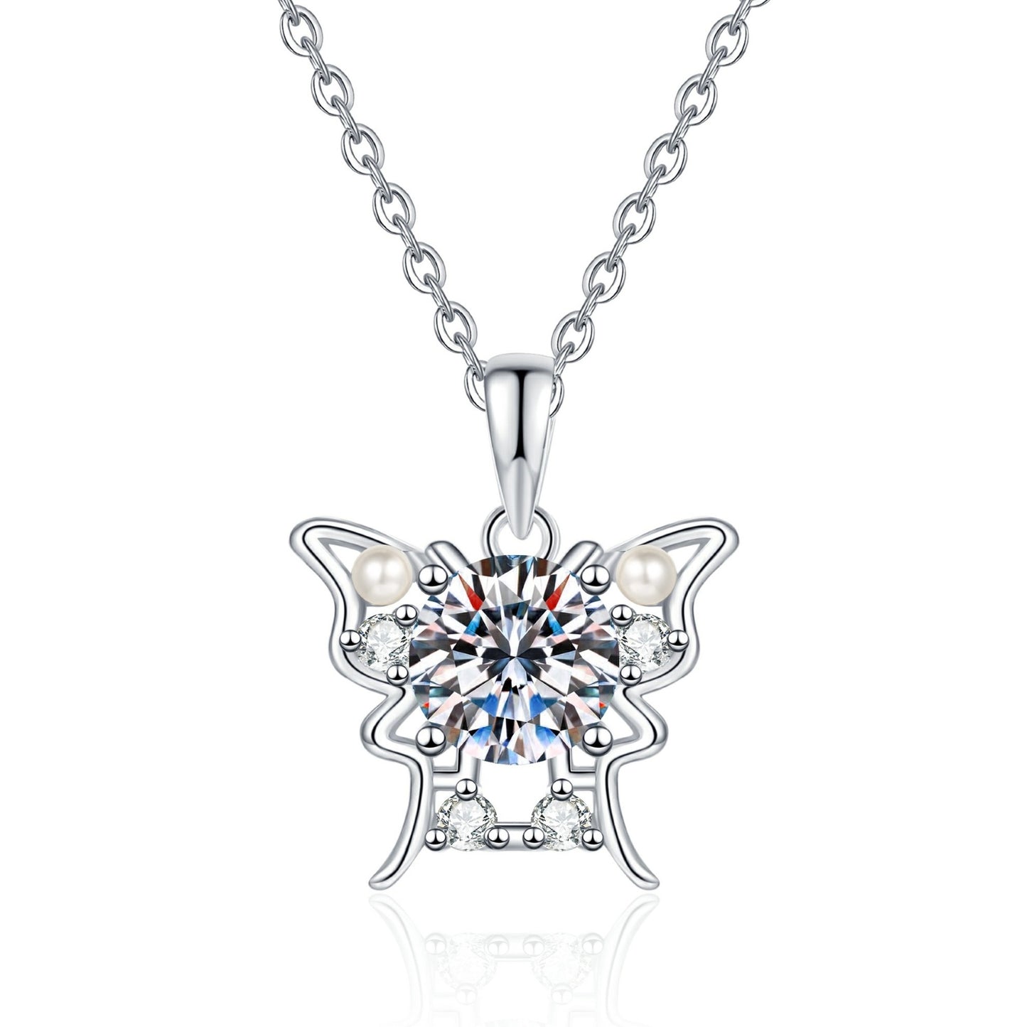 Moissanite Butterfly Pendant Necklace for Women, 1 Carat Moissanite in Center with Pearl Detail
