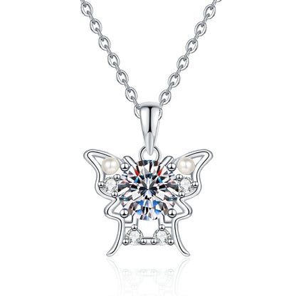 Moissanite Butterfly Pendant Necklace for Women, 1 Carat Moissanite in Center with Pearl Detail