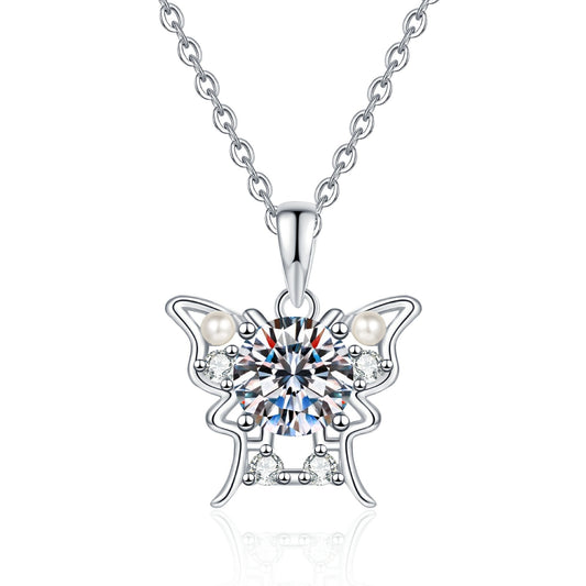Moissanite Butterfly Pendant Necklace for Women, 1 Carat Moissanite in Center with Pearl Detail