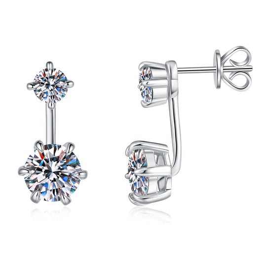 Moissanite Stud Earrings for Women Men, 2-Stone Graduated 1ct & 0.3ct Bar Setting Design