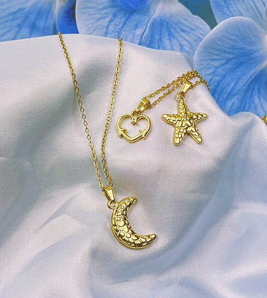 The Starry Set ---- 3PC Gold Plated Pendant Necklaces Set (Moon; Star; Heart)