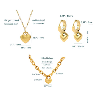 18K Gold Plated Solid Heart Pendant Necklace Bracelet Earring Set