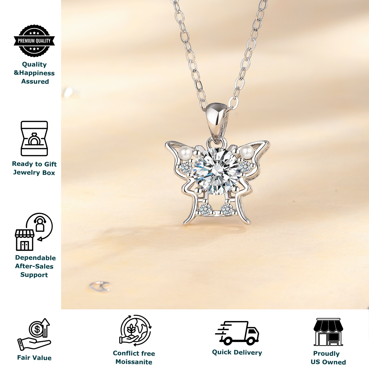 Moissanite Butterfly Pendant Necklace for Women, 1 Carat Moissanite in Center with Pearl Detail